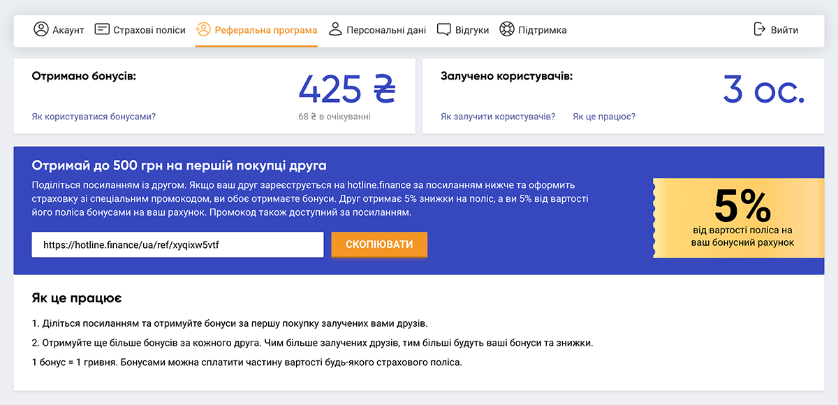 Реферальна програма hotline.finance — особистий кабінет